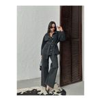 Nes Moda Kadın Cep Detaylı Kuşaklı Denim Premium Ceket Pantolon Jeans Denim Takım