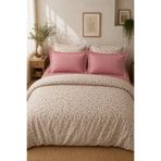 NESCO Krem Çiçek Desenli Pamuk 220x240 Battal Boy Nevresim Takımı + Lastikli Pudra Pembe Çarşaf + 4 Yastık