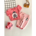 Neşeli Bebekler Penguen Nakışlı Desen Panduflu Welsoft Kumaş Takım Pembe