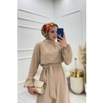 Neşeli Butik Kadın Bej Kuşaklı Gül Detaylı Salaş Tesettür Tulum Nms003