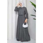 Neşeli Butik Kadın Gri Gömlek Detaylı Maxi Boy Çizgili Tesettür Elbise NBFT011 - 38