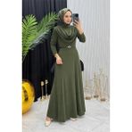 Neşeli Butik Kadın Haki Sandy Kumaş Degaje Yaka Kemer Detaylı Tesettür Elbise---- NMS096 - 44