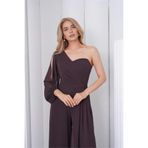 Neşeli Butik kadın kahverengi tek kol astarlı tül kumaş tasarım abiye tulum NBS9389