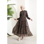 Neşeli Butik Kadın Kemerli Leopar Desenli Tesettür Şifon Elbise SMS014 - 40 - Siyah