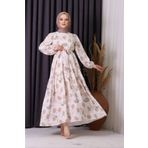 Neşeli Butik kadın keten desenli tesettür elbise - Bej SMS002