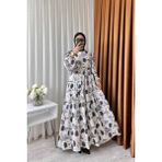 Neşeli Butik Kadın Keten Desenli Tesettür Elbise SMS002 - Siyah - 44