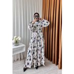Neşeli Butik Kadın Keten Desenli Tesettür Elbise Sms002 - Siyah