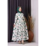 Neşeli Butik Kadın Keten Desenli Tesettür Elbise SMS002 - Yeşil - 38