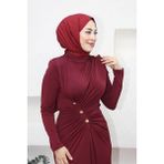 Neşeli Butik Kadın Likralı Düğme Detaylı Tesettür Elbise NMS046 - Bordo - 40