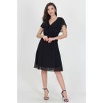 Neşeli Butik Kadın Midi Boy Yeni Sezon Kruvaze Yaka Melek Kol Şifon Elbise RY8081 - Siyah - 2XL