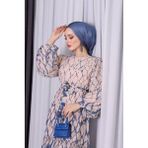 Neşeli Butik Kadın Şifon Eteği Fırfırlı Desenli Tesettür Elbise SMS008 - Mavi - 44