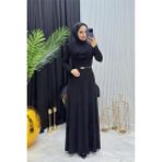 Neşeli Butik Kadın Siyah Sandy Kumaş Degaje Yaka Kemer Detaylı Tesettür Elbise---- NMS096 - 44