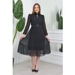 Neşeli Butik NB7156 Kemerli Gipeli Midi Boy Siyah Şifon Elbise