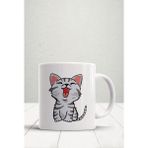 Neşeli Yavru Gri Kedi Baskılı Kupa Bardak - Kedili Kupa - Beyaz - 199 ml