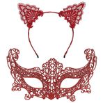Nessiworld Romantik Kırmızı Dantel Maske Seti – Kedi Kulaklı Taç ve Maske 3 No