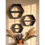 Nest Woodtr Doğal Çam Ahşap Altıgen 3'lü Dekoratif Raf Üçlü Set - Ahşap - Antrasit