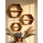 Nest Woodtr Doğal Çam Ahşap Altıgen 3'lü Dekoratif Raf Üçlü Set - Ahşap - Ceviz