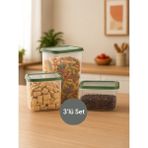 Nesto Home 3'lü Şeffaf Erzak ve Bakliyat Saklama Kabı Dikdörtgen Deterjan Kutusu 1X1100 1X2200 1X3400 - Yeşil