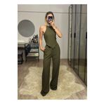 NET OF NOT Emily Haki Bambu Keten Asimetrik Halter Yaka Bluz Pantolon Takım