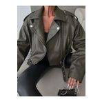 NET OF NOT Yeni Sezon Oversize Kadın Yeşil Biker Deri Ceket