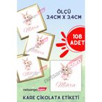 Netsan Etiket 108 Adet Kare Madlen Çikolata Etiketi İsme Özel İkiz Bebek Kız Bebek Erkek Bebek Tavşan