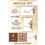 Netsan Etiket Ayıcık Desen Kahverengi Hediyelik Etiket Seti - Çikolata - Kolonya - Kutu