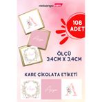 Netsan Etiket Çiçek Desen 108 Adet İsme Özel Madlen Çikolata Etiketi 3.4cm Kare Pembe