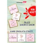 Netsan Etiket Çiçek Tavşan Desen İsme Özel Kare Madlen Çikolata Etiketi 108 Adet 3.4x3.4cm
