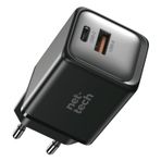Nettech 45W GaN Teknolojili Hızlı Şarj Adaptörü – Siyah, Çift Giriş (USB-C & USB-A), Type-C Uyumlu, Kompakt ve Güçlü