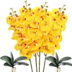 Nettenevime 4lü Set Yapay Çiçek Sarı Islak Orkide Ve 2 Adet Orkide Yaprağı Gerçeksi Doku Uzun Dal 90cm