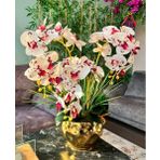 Nettenevime Yapay Çiçek 4lü Bordo Çilli Beyaz Islak Orkide Metal Yuvarlak Gold Vazoda Orkide 50cm