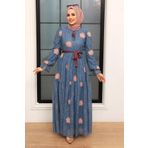 Neva Style 1216IM Çiçek Desenli İndigo Mavisi Tesettür Elbise