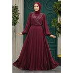Neva Style 22153BR Boncuk Detaylı Bordo Tesettür Abiye Elbise