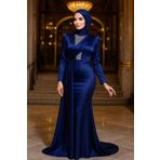 Neva Style 22891L Kuyruklu Lacivert Tesettür Saten Abiye Elbise