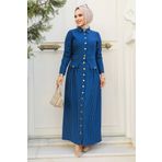 Neva Style 23051IM Çizgili İndigo Mavisi Tesettür Elbise