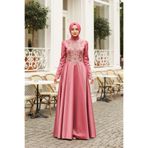 Neva Style 2308KRMT Payet Detaylı Tafta Kiremit Tesettür Abiye Elbise