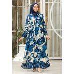 Neva Style 23171IM Çiçek Desenli İndigo Mavisi Tesettür Elbise