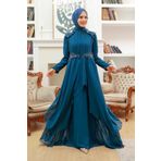 Neva Style 25807PM Boncuk Işlemeli Petrol Mavisi Tesettür Abiye Elbise