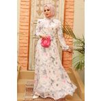 Neva Style 279019E Çiçek Desenli Ekru Tesettür Elbise