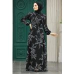 Neva Style 279310S Yaprak Desenli Siyah Tesettür Elbise