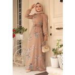 Neva Style 279316BS Yaprak Desenli Bisküvi Rengi Tesettür Elbise
