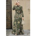 Neva Style 279320HK Çiçek Desenli Haki Tesettür Elbise