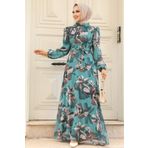 Neva Style 279322CY Çiçek Desenli Çağla Yeşili Tesettür Elbise