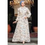Neva Style 279326E Çiçek Desenli Ekru Tesettür Elbise