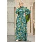 Neva Style 279326Y Çiçek Desenli Yeşil Tesettür Elbise