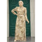 Neva Style 279329BS Çiçek Desenli Bisküvi Rengi Tesettür Elbise