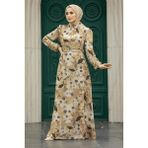 Neva Style 27950BS Çiçek Desenli Bisküvi Rengi Tesettür Elbise