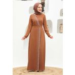 Neva Style 32150TB Boncuk İşlemeli Taba Tesettür Abiye Elbise