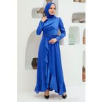 Neva Style 3381IM Volanlı İndigo Mavisi Saten Tesettür Abiye Elbise