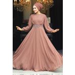 Neva Style 3435KH Dantel Detaylı Kahverengi Tesettür Abiye Elbise